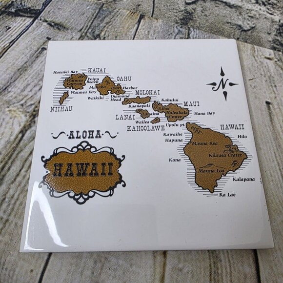 White Brown Aloha Hawaii Map Treasure Craft Tile Trivet Appx 6 x 6 Inches - Picture 1 of 4